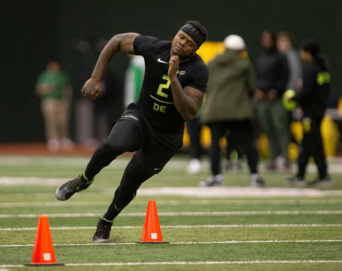 Oregon outside linebacker DJ Johnson at the Ducks' 2023 Pro Day in Eugene.